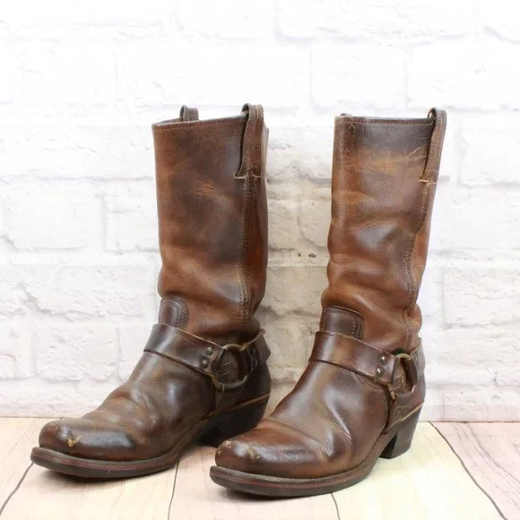 Vintage Frye Brown Leather Mid Calf Harness Western Boots Size 8.5 Medium - Picture 2 of 11